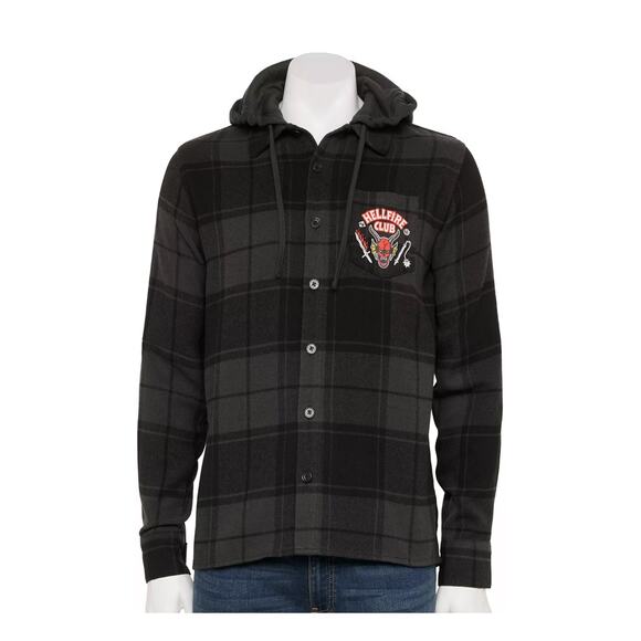 Men's Stranger Things Hellfire Club Long Sleeve Hooded Flannel Button Up Top LG - Picture 1 of 10